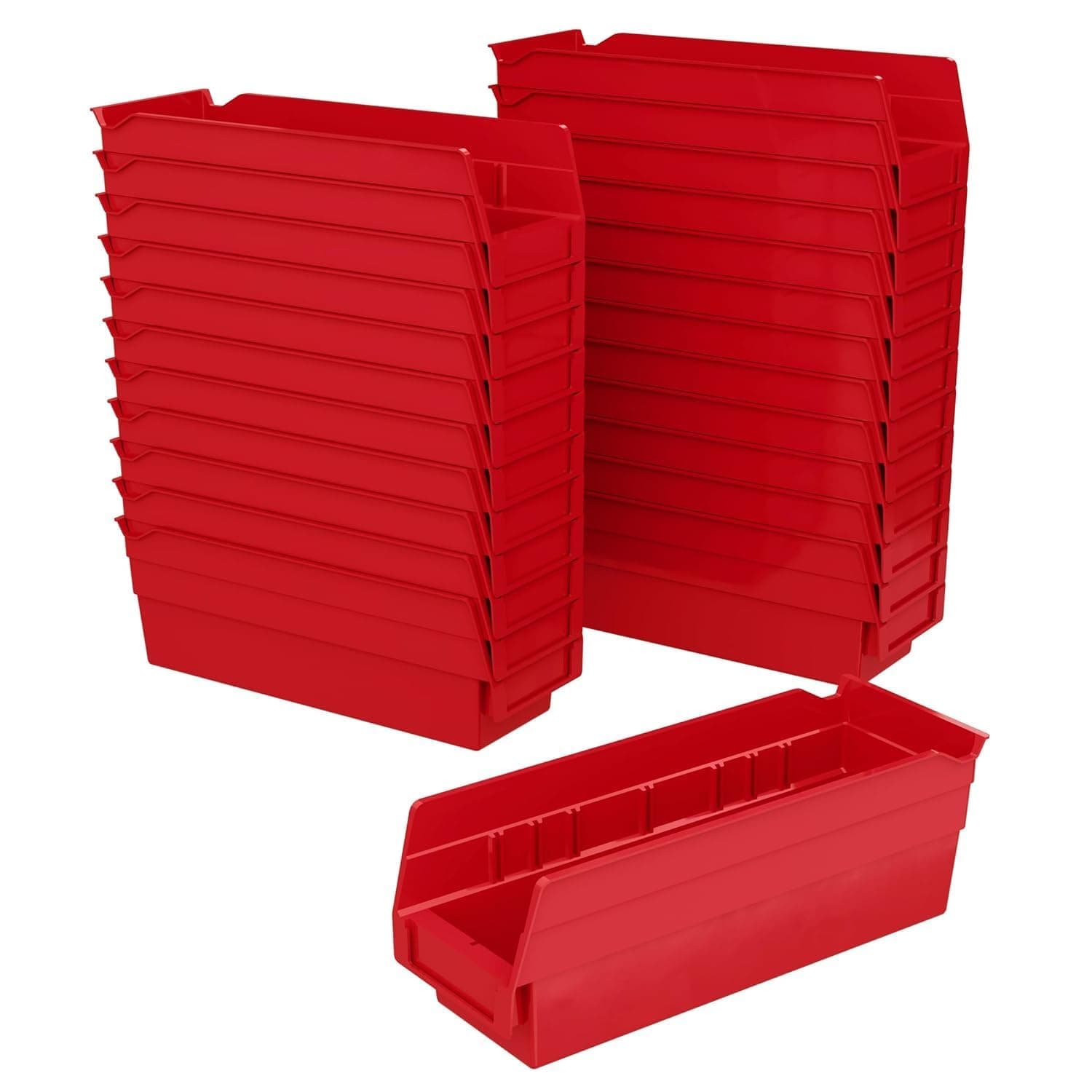 30120 Plastic Shelf Bins, Heavy Duty Storage Bins for Garage, Closet, and Drawer Organization, 12" x 4" x 4", Red, 24-Pack
