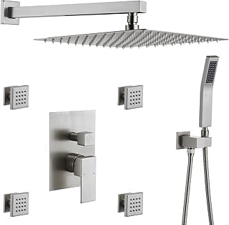 Rain Shower System With Complete 4 Pcs Body Sprays Jets And Pressured Balance Rough-in Valve,12Inch Rainfall Shower Head And Handheld, Modern Brushed Nickel Wall Mount Shower Faucets Sets