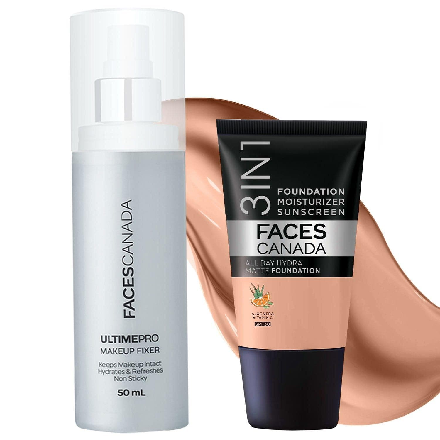 FACESCANADA Waterproof Fix & Finish Kit | Makeup Fixer (50ml) + Warm Natural All Day Hydra Matte Mini Foundation (18ml) | Makeup Kit For Women (Combo Pack of 2)