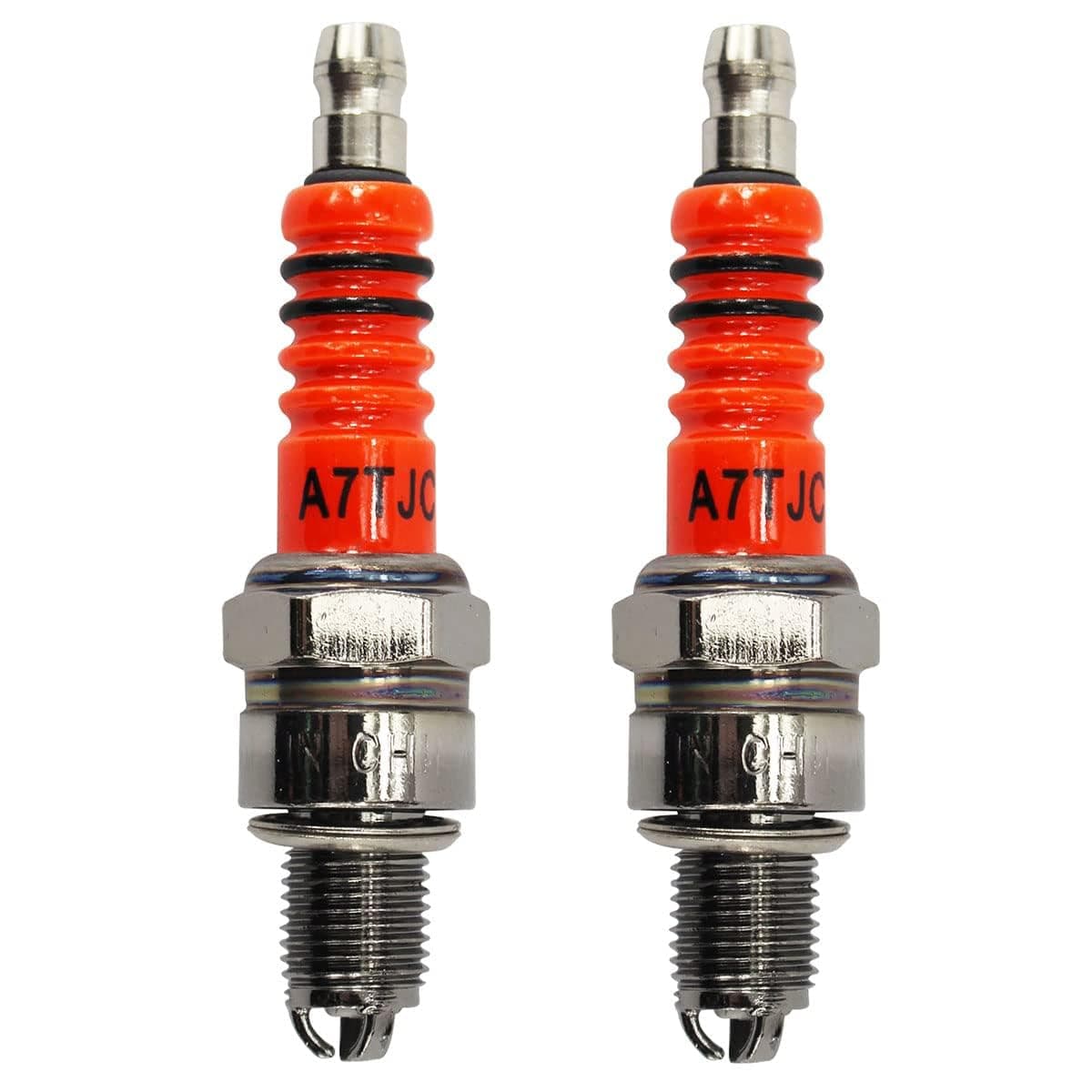 Scooter GY6 50cc 150cc Spark Plug 2 Pack High Performance 3 Electrode A7TC A7TJC Spark Plug for GY6 50-125cc Moped Scooter ATV Quads, Orange