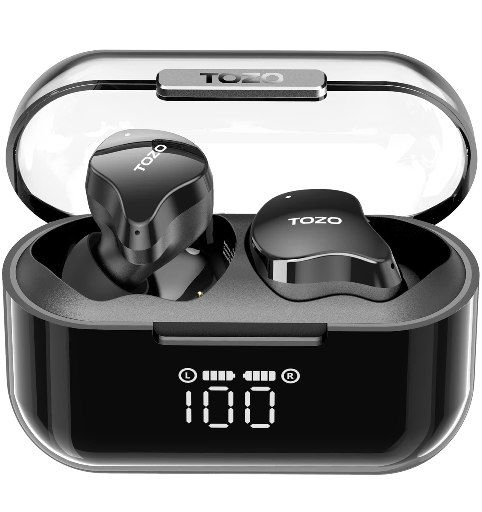TOZO T18 Bluetooth 5.3 True Wireless Stereo Earbuds IPX8 Waterproof in Ear Headset Call Noise Reduction Headphones with Digital Display and Transparent Case Long Standby Earphones Black