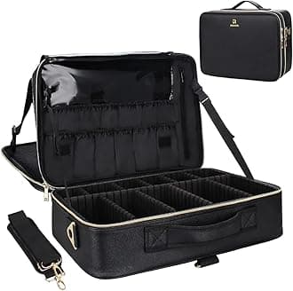 Relavel Makeup Case Large Makeup Bag Professional Train Case 16.5 inches Travel Cosmetic Organizer Brush Holder Waterproof Makeup Artist Storage Box, 3 Layer Large Capacity, Black Leather, L
