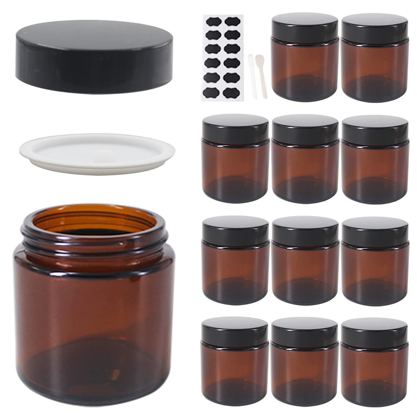 12 Pack 4 oz Round Amber Glass Cosmetic Jars with Inner Liners, Black Lids, Spatula, Chalk Labels, Pen, Candle Holder, Refillable Containers for Makeup, Cream, Sugar Scrubs, Bath Salts