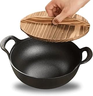 HomeEssentials Cast Iron Kadai with Lid 30cm / Pre Seasoned Iron Wok with 2 Handles and Flat Base/Iron Wok for Cooking/Uncoated Kadai for Electric Induction (Wooden Lid 30cm)