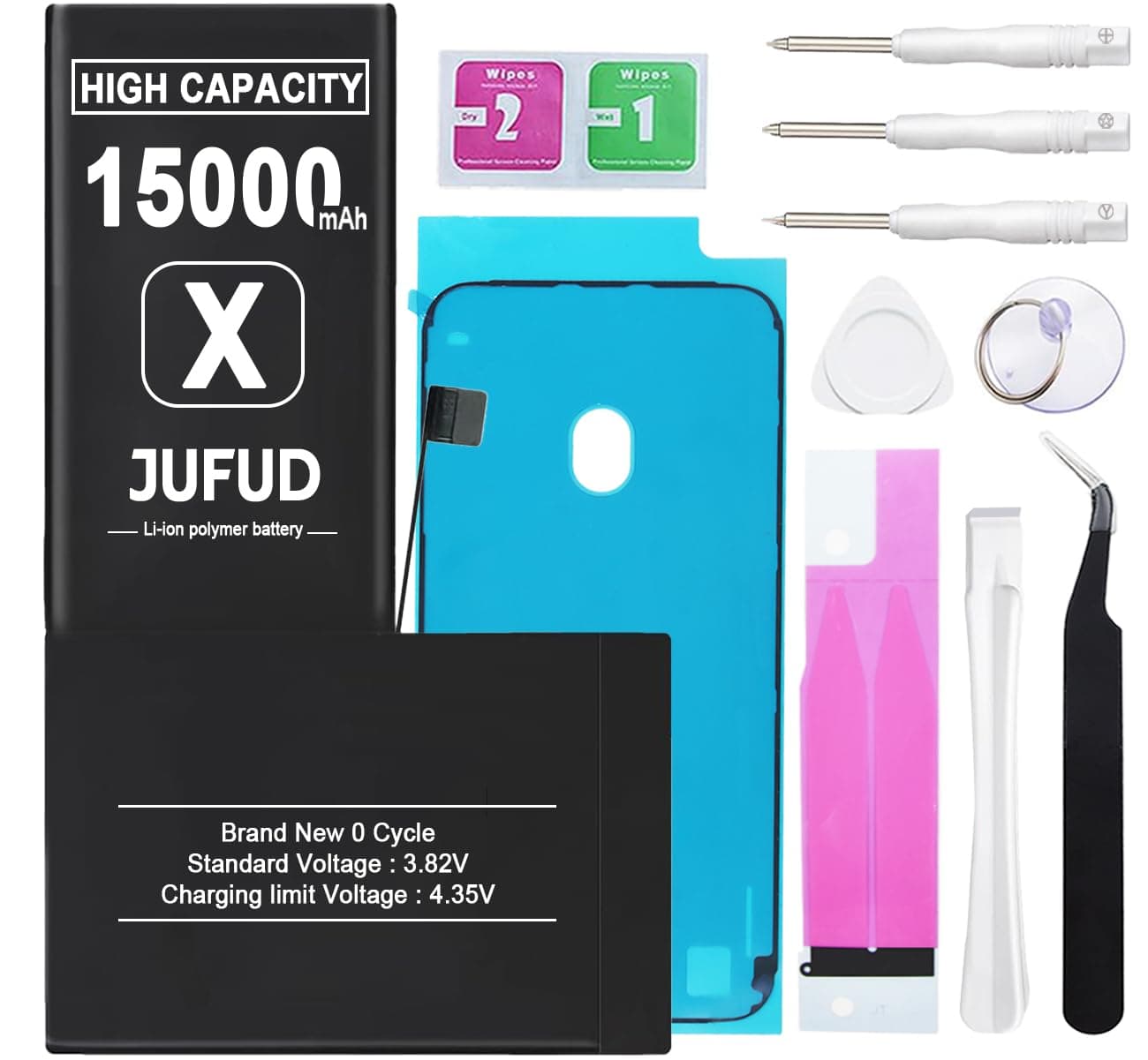 15000mAh Replacement Battery Used for iPhone X, High-Capacity 0 Cycle Li-Polymer Battery - Compatible with Models A1865 A1901 A1902 Includes Full Repair Kit