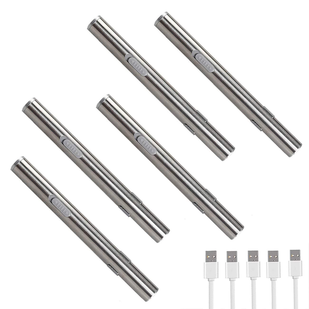 Garberiel 5PCS LED USB Penlight Mini Flashlight Diagnostic Medical Pen Torch Light, Stainless Steel Waterproof Rechargeable with Pocket Clip & USB Cable for Mechanic, Nurses, Doctors
