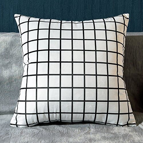 Chengbao Simple modern black and white geometric pillow gray stripe lattice pillow covers Nordic living room sofa cushion,Square 45x45cm containing pillow core,White R- white bottom square