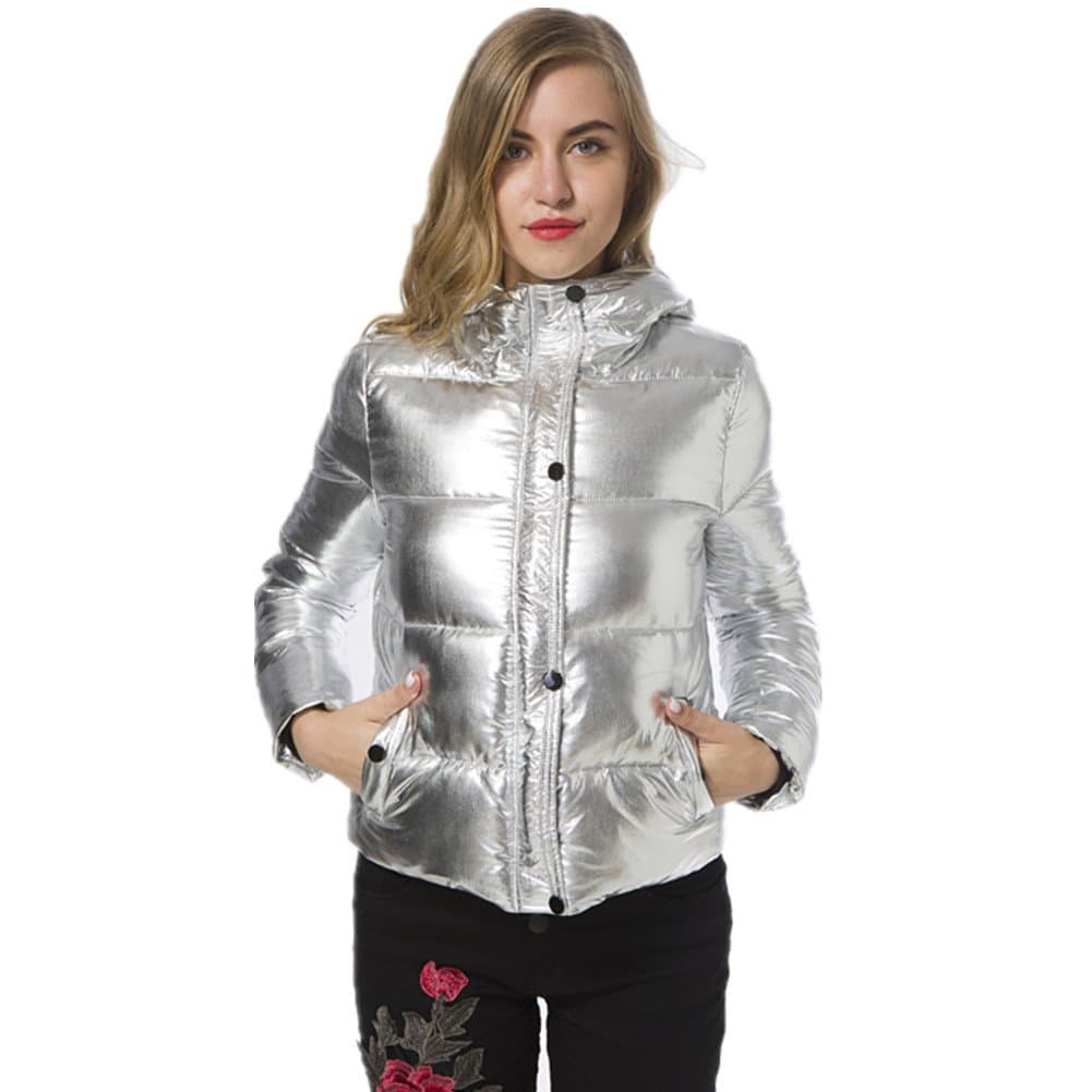 VANGULL Women Silver Zipper Button Short Warm Snow Down Coat Overcoat Outwear Winter (L)