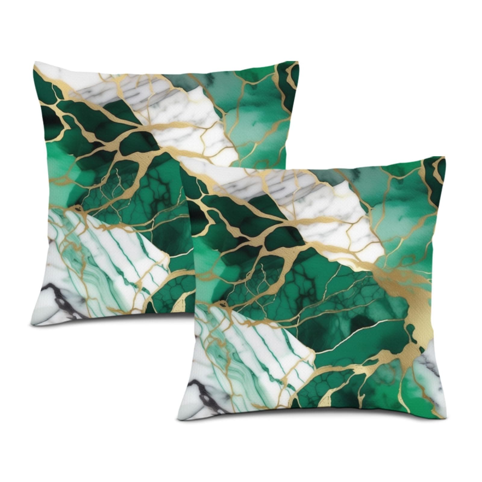 Set of 2 Throw Pillow Covers Marble Pattern Decorative Pillowcases Agate Print Cool Green Emerald and Gold Watercolor Design - Cushion Cover 2 PCS, GGS-AAB-SOTPC-763