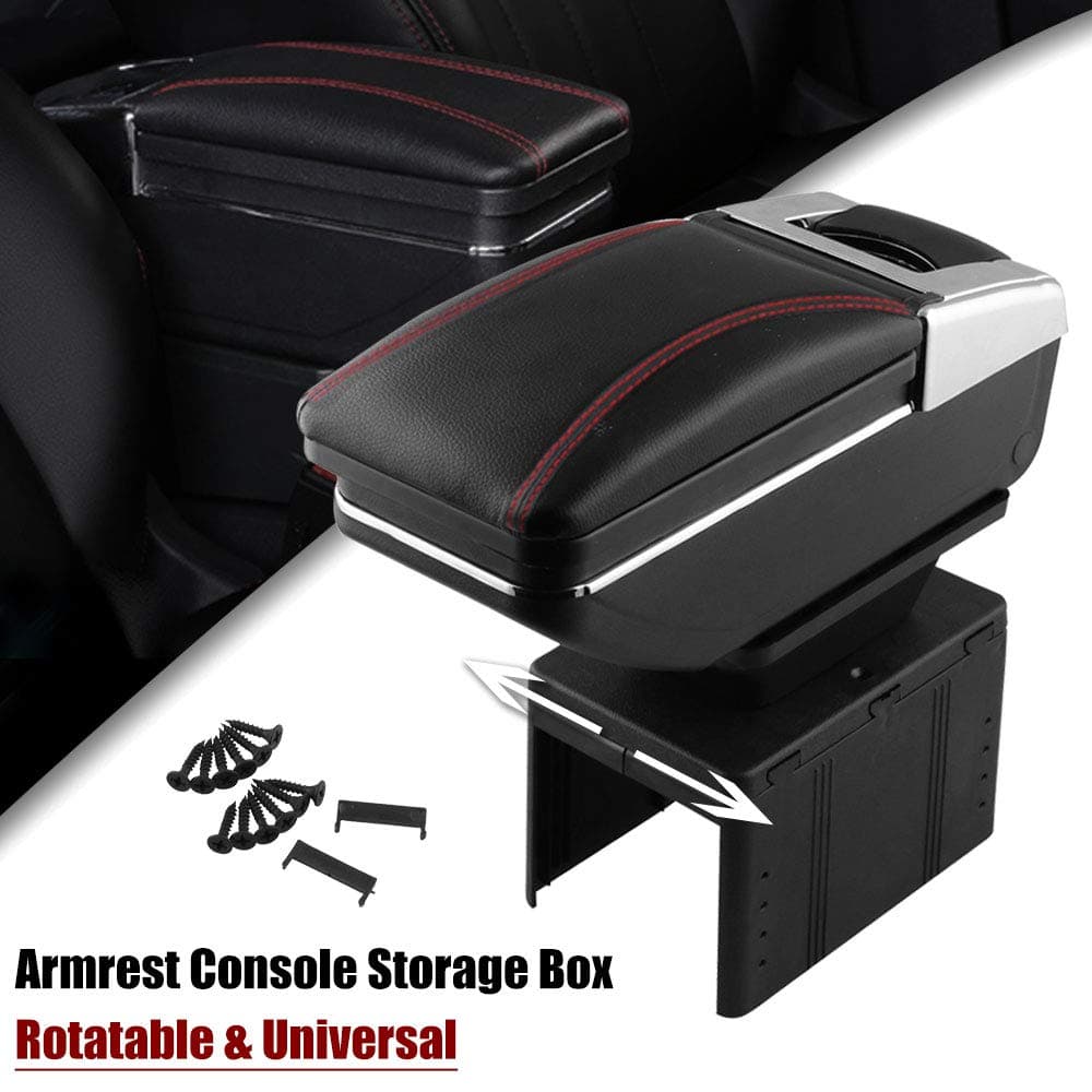 Sporacingrts Universal Car Armrest Console Storage Box Rotatable Black Leather Center Box with Red Line