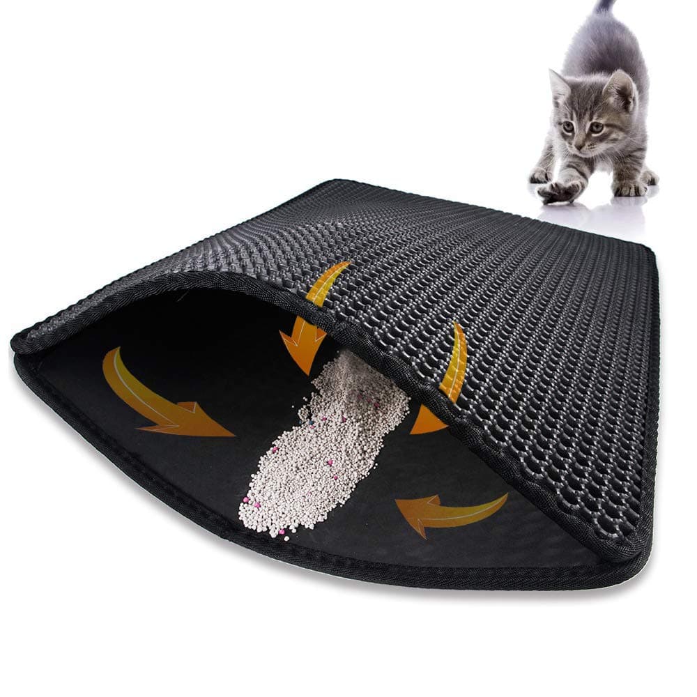 SeemoCat Litter Mat, Cat Litter Trapping Mat, Honeycomb Double Layer Design,Super Soft EVA material, Urine and Water Proof Material, Scatter Control, 22x30 inches,BLACK,L