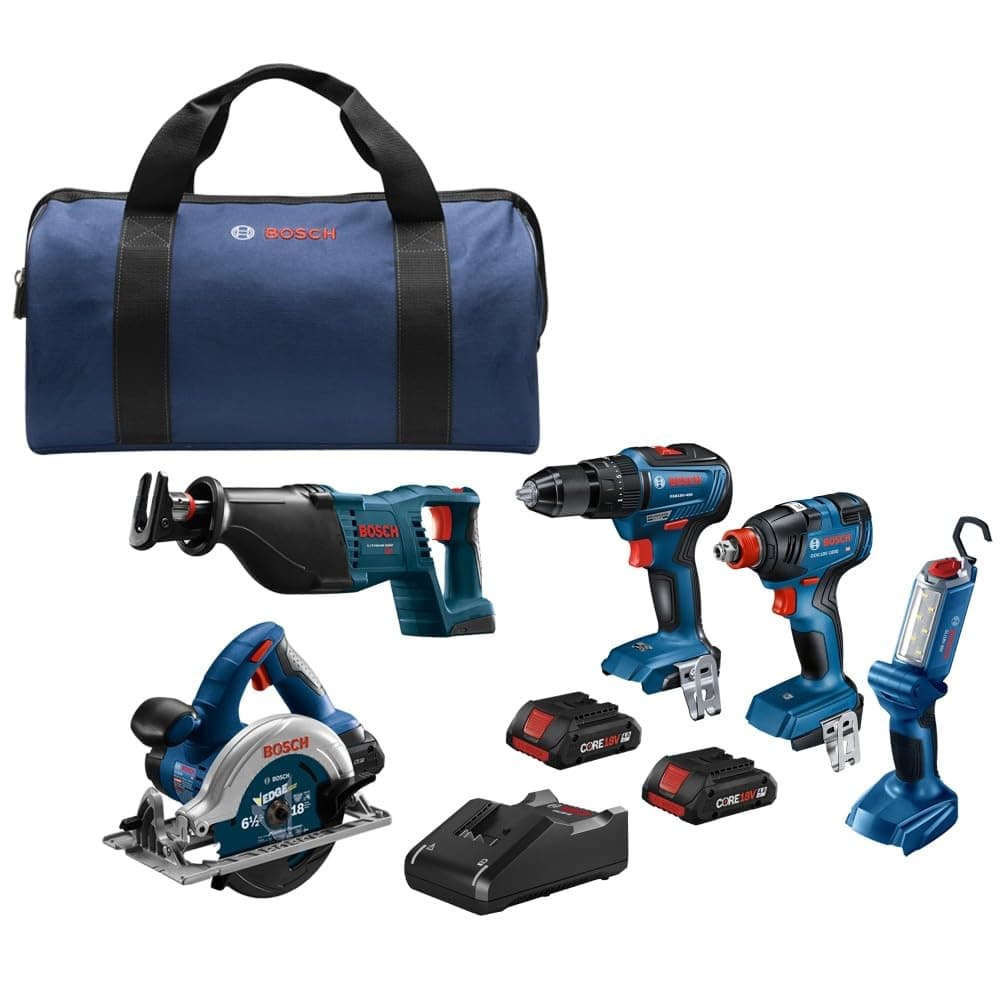 BOSCH GXL18V-501B25 18V 5-Tool Combo Kit with 2-In-1 Bit/Socket Impact Driver/Wrench, 1/2 In. Hammer Drill/Driver, Reciprocating Saw, Circular Saw, LED Worklight and (2) CORE18V 4 Ah Compact Batteries