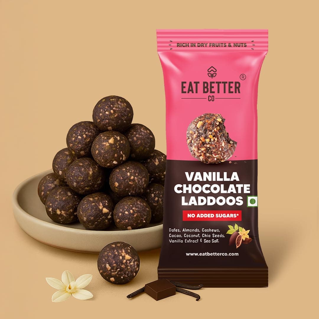 Vanilla Chocolate - Sugar-Free Laddoos | High Protein & Instant Energy | 95% Dry-Fruits - Pack of 4 - Healthy Chocolate – No Added Sugar | Healthy Snacks | Energy-Bar Replacement - 40g