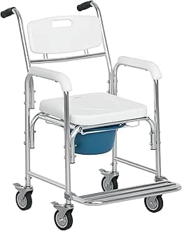 HOMCOM 3-in-1 Shower Commode Wheelchair, FSA/HSA Eligible Transport Beside Commode Chair, Waterproof Rolling Over Toilet Chair 330 lbs. Weight Capacity with Padded Seat, White