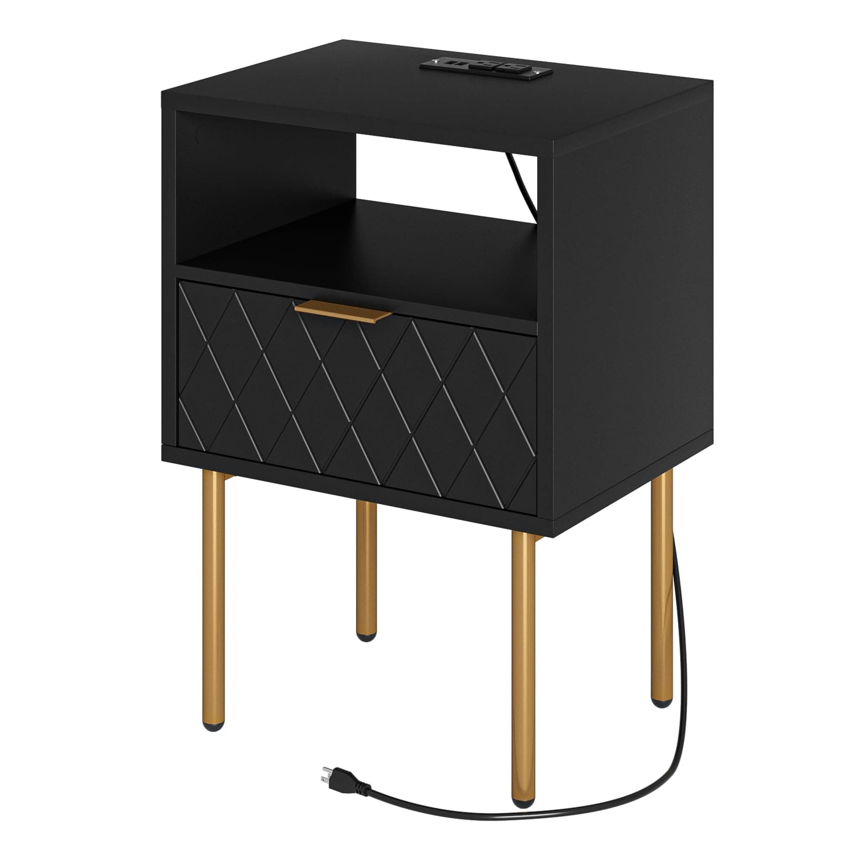 Nightstand,Small Bedside Table with Gold Frame,Morden Night Stand with 2 Drawer,End Table,Side Table with Drawer and Shelf for Bedroom,Living Room (Black-Diamond-Outlet)