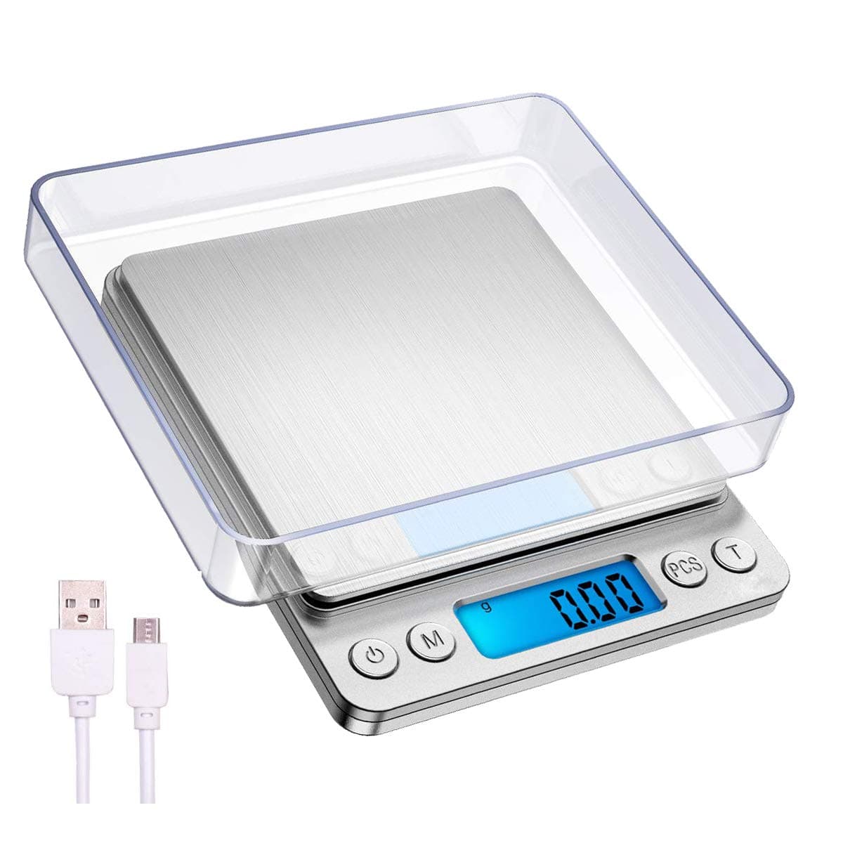 Kitchen Scales, Small USB Rechargeable Food Scale, Digital Baking Cooking Scales with Accurate Precision Tara PCS Function, 3kgs/0.1g, Silver