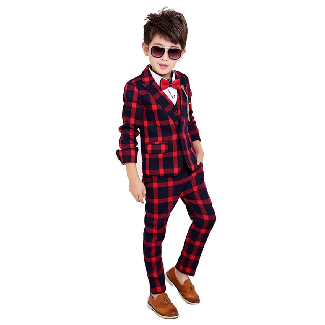 Boy 4 Pieces Plaid Formal Suit Set,Vest+Pants+Blazer+Bow Tie