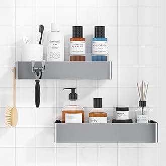 Kitsure Shower Caddy - 2 Pack Rustproof Organizer, Drill-Free & Quick-Dry Shelves With Large Capacity, Durable Stainless Steel Rack With 4 Hooks, Large, Silver