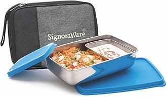 Signora Ware Compact Stainless Steel Big Lunch Box with Bag | Two Compartment Tiffin | Airtight & Leakproof | Useful for Travelling & Outdoors | Best for Office & School Use (850Ml + 150Ml | Blue)