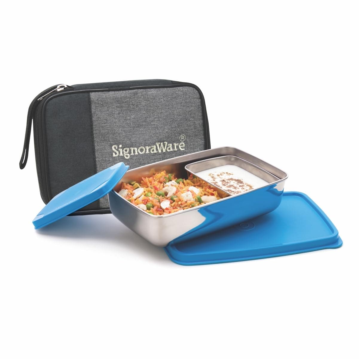 Signora Ware Compact Stainless Steel Big Lunch Box with Bag | Two Compartment Tiffin | Airtight & Leakproof | Useful for Travelling & Outdoors | Best for Office & School Use (850Ml + 150Ml | Blue)