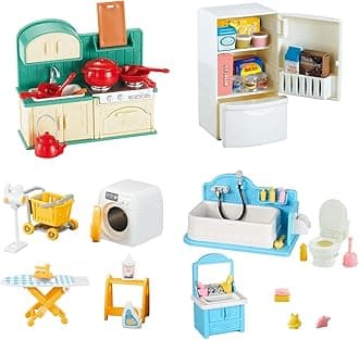 TAKIHON Dollhouse Furniture, Kitchen & Bathroom Toy Set,Fridge Washing Machine Set for Kids,Dollhouse Miniature Accessories,Educational Pretend Play Toys for Toddler,Boys & Girls