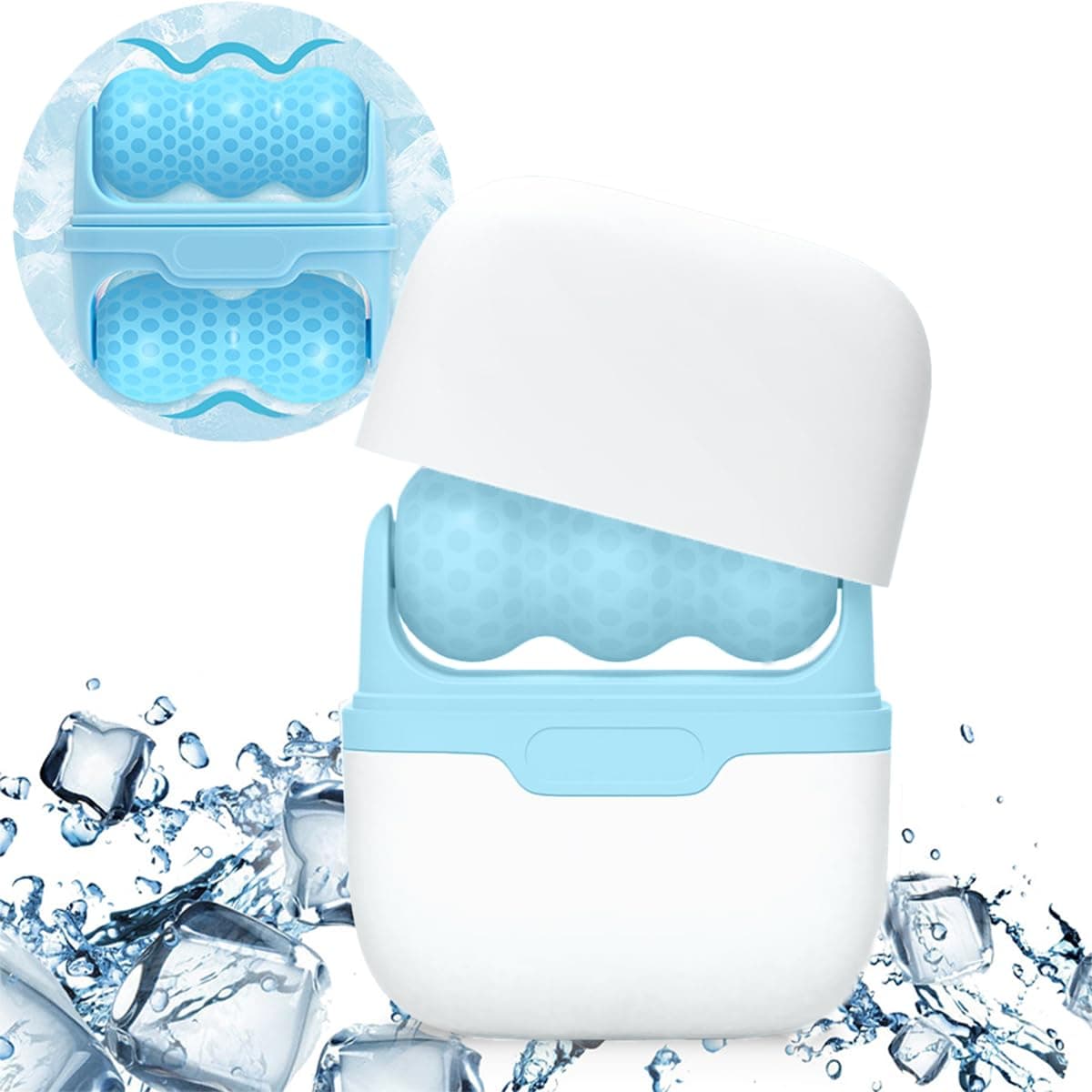 2-in-1 Ice Roller for Face Eyes & Body - W & V Shape Massage Heads, Shrinks Pores, Cold Therapy, Reusable, Relaxes Skin, Lifts & Tightens for Anti-Puffiness(Blue)