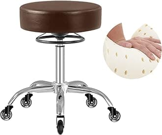 Mineloff Rolling Stool with Wheels 400lbs Weight Capacity,Heavy Duty Lash Chair Adjustable for Tatoo Lab Massage Salon Spa Drafting Nail Teach,360 Swivel,Leather,Thick Seat Padding (Brown)