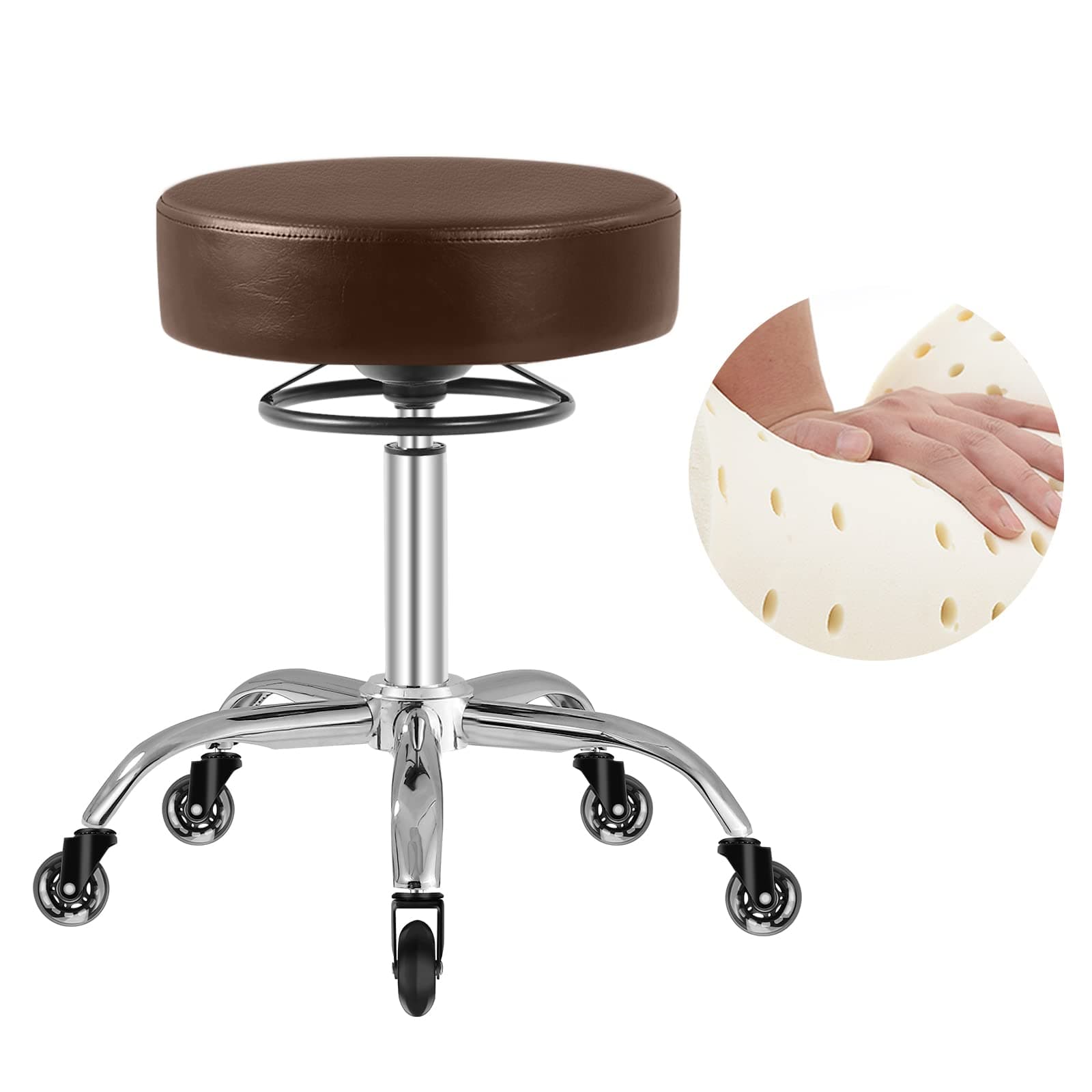 Mineloff Rolling Stool with Wheels 400lbs Weight Capacity,Heavy Duty Lash Chair Adjustable for Tatoo Lab Massage Salon Spa Drafting Nail Teach,360 Swivel,Leather,Thick Seat Padding (Brown)