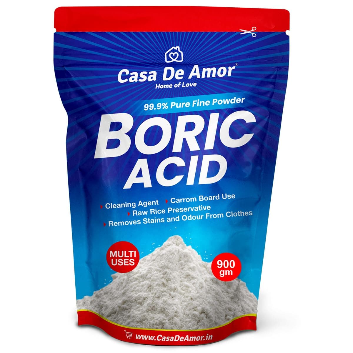 Casa De Amor Multi-Purpose Boric Acid 99.9% Pure Fine Powder- Highly Effective for Carrom Board, Rice Preservative, Multi-Purpose, Anhydrous (900 gms)