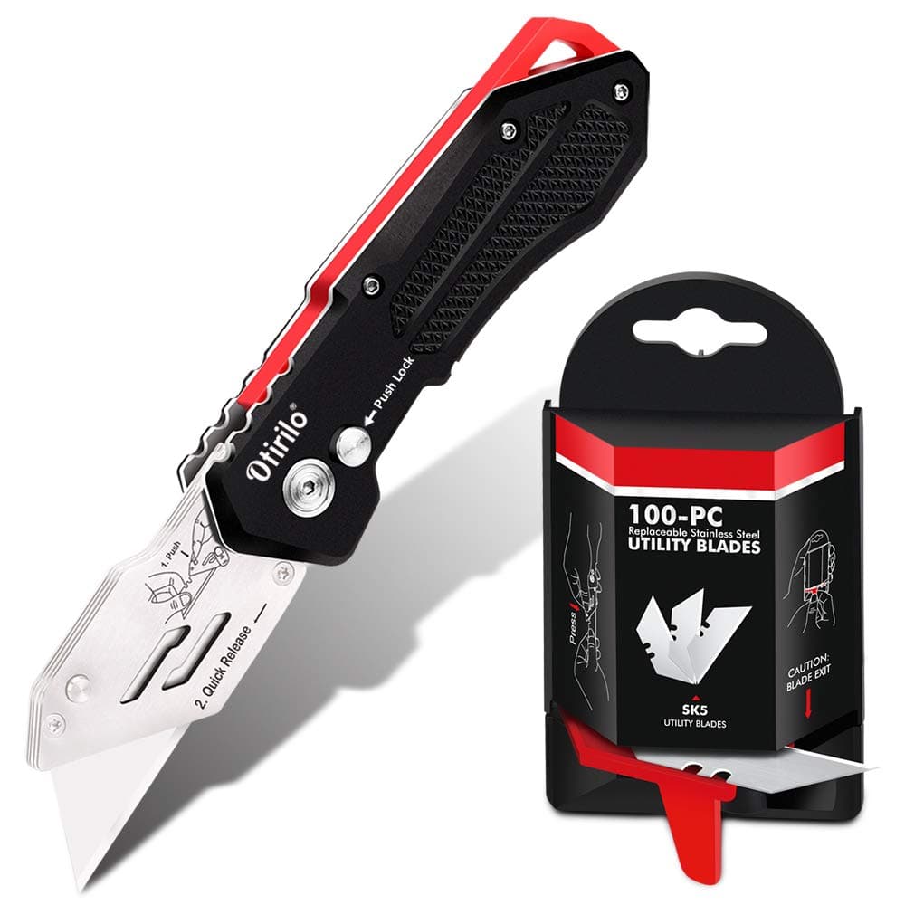 Folding Utility Knife with SK5 Blades 100Pack, Heavy Duty Box Cutters Carpet Knife with Pocket Clip, Lock-Back, Quick Change Blades for Cutting Carton, Leather, Aluminum, PVC Sheet, Fabric