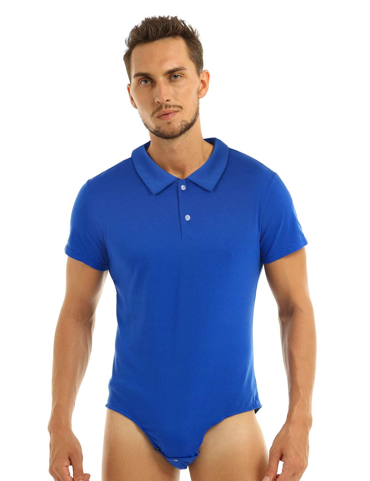 dPoisMen's One Piece Short Sleeves Turn-Down Collar Press Button Crotch Pole Shirt Bodysuit Romper Pajamas