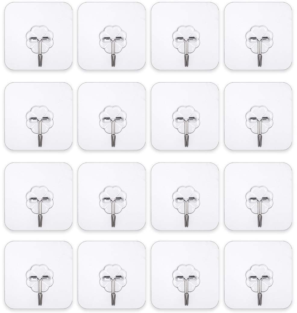 Self Adhesive Hooks Hangers - Heavy Duty 20 lb - Sticky Wall Hangers Without Nails - Reusable Kitchen Towel Bath Hooks (16 Units)