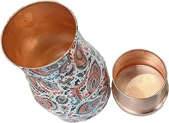 Pure Copper Designer Copper Water Bottle | Pitchers | Water Jug | BedRoom Jar | Bedside Bottle Carafes With Tumbler/Glass With Lid | With Flower Print Design 1250 ML