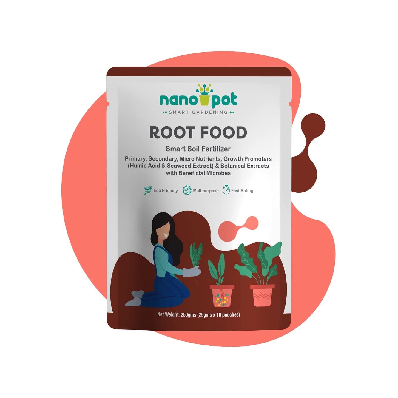 Nanopot Root Food: Smart Soil Fertilizer | Primary, Secondary, Micro nutrients, Growth Promoters (Humic Acid & Seaweed Extract) & Botanical Extracts with Beneficial Microbes | For All Indoor and Outdoor Plants - 250gm (10 pouches x 25gm)