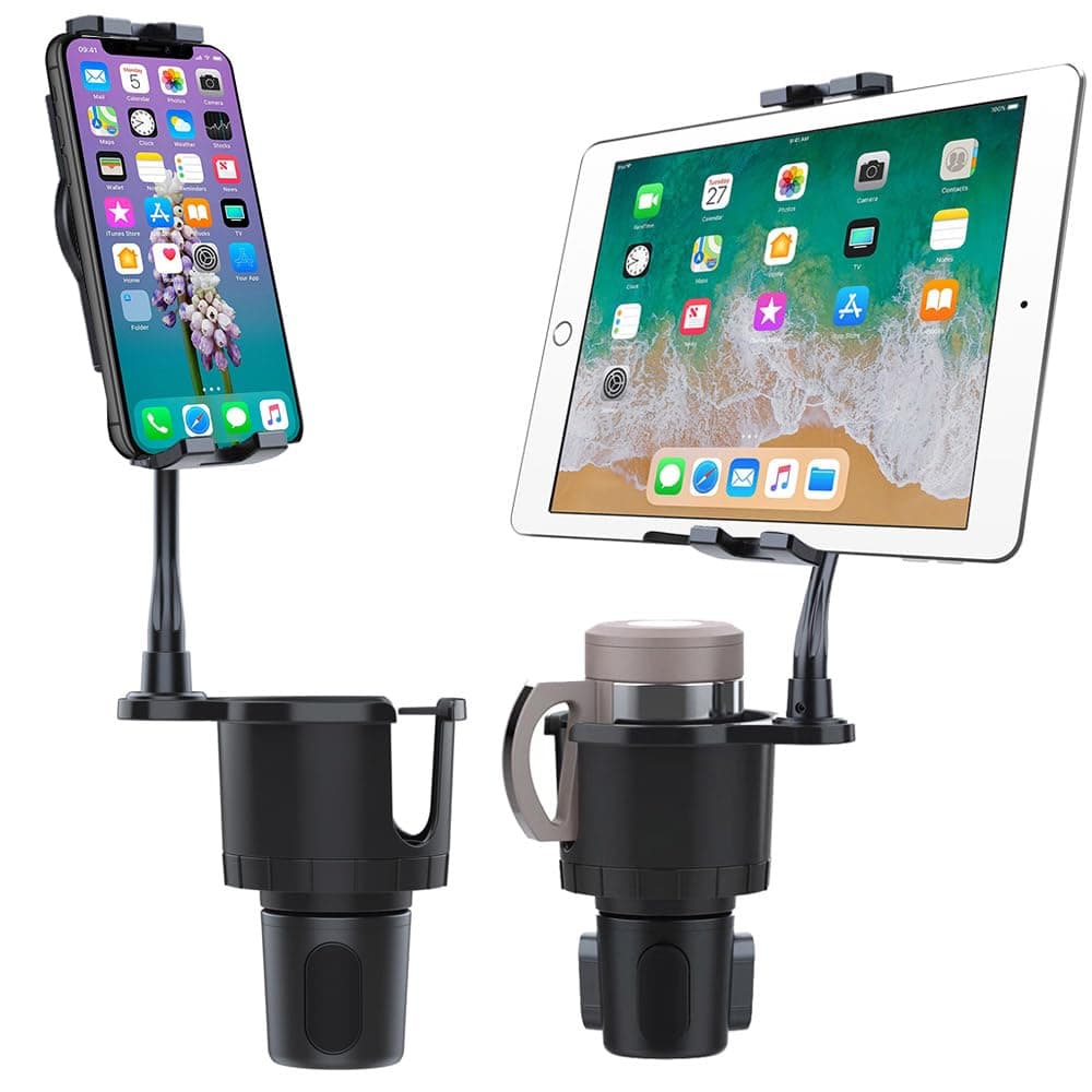 2 in 1 Cup Holder Expander Phone Mount for Car, Black, Compatible with iPhone, Samsung, iPad, Tablet, Smartphone