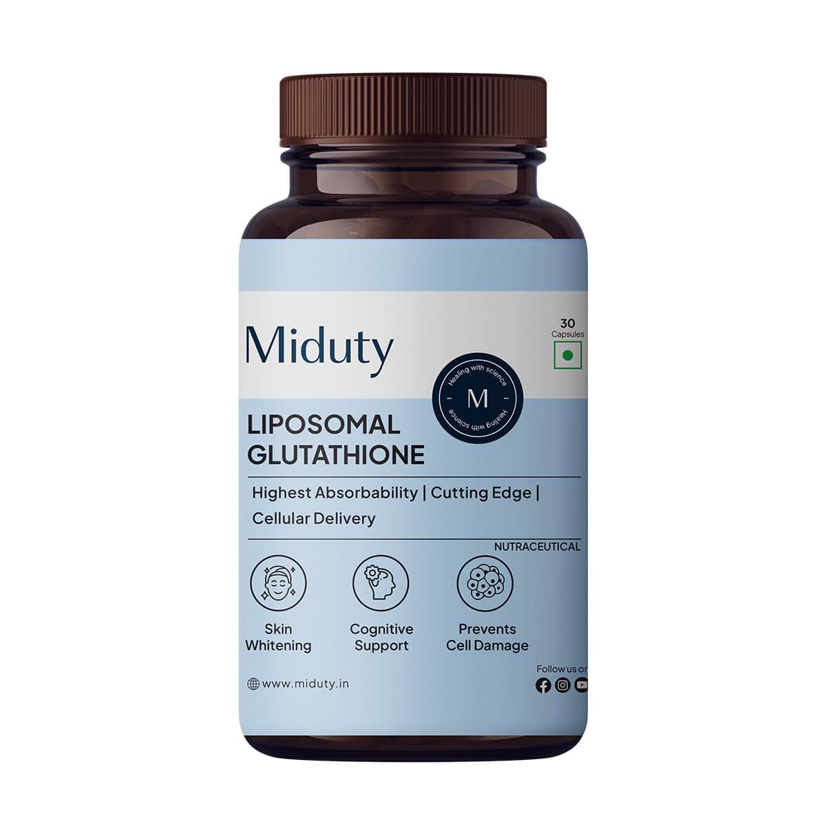 Miduty Liposomal Glutathione 650 mg - Highest Bioavailability & Absorbability - Cellular & Face Health - Helps in Skin Hydration - Liver Health & Detoxification Support - 30 Veg Capsules
