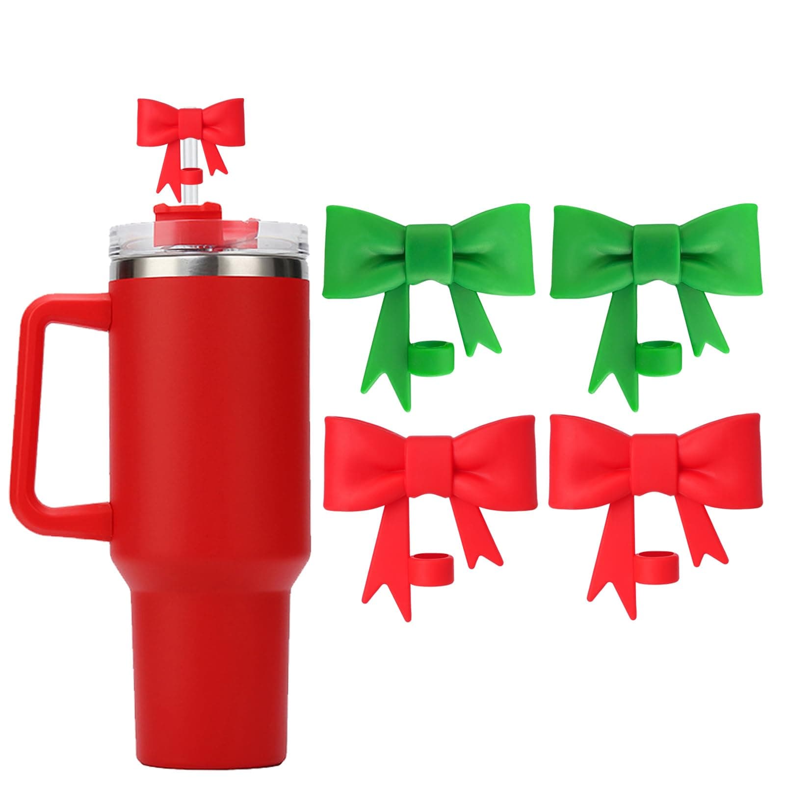 Christmas Bow Straw Covers Cap Toppers Compatible with Stanley 30&40 oz Tumbler Cups, Cute 10mm Reusable Silicone Straw Topper for Stanley Tumbler with Handle, Stanley Cup Accessories, 4Pcs