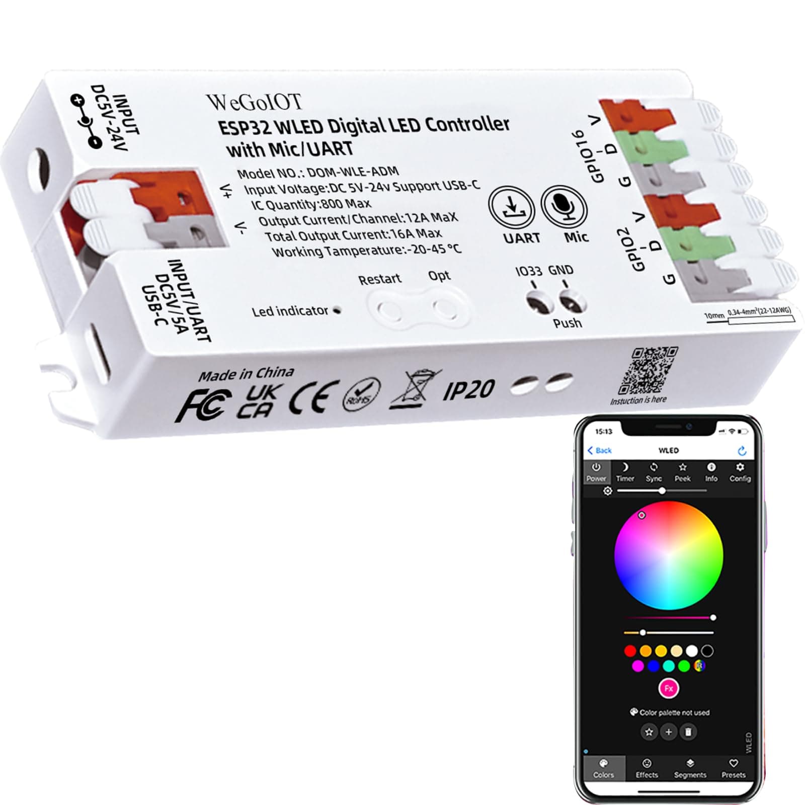 ESP32 WLED LED Strip Controller Mic UART USB Type-C Download Music Sound Dynamic Mode DIY WiFi APP Control for WS2811 WS2812B SK6812 WS2805 IC FCOB Addressable Led Controller with 16A Fuse