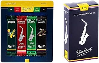 Vandoren SRMIXA25 Alto Sax Jazz Reed Mix Card includes 1 each ZZ, V16, JAVA and JAVA Red Strength 2.5 & SR2125 Alto Sax Traditional Reeds Strength 2.5; Box of 10