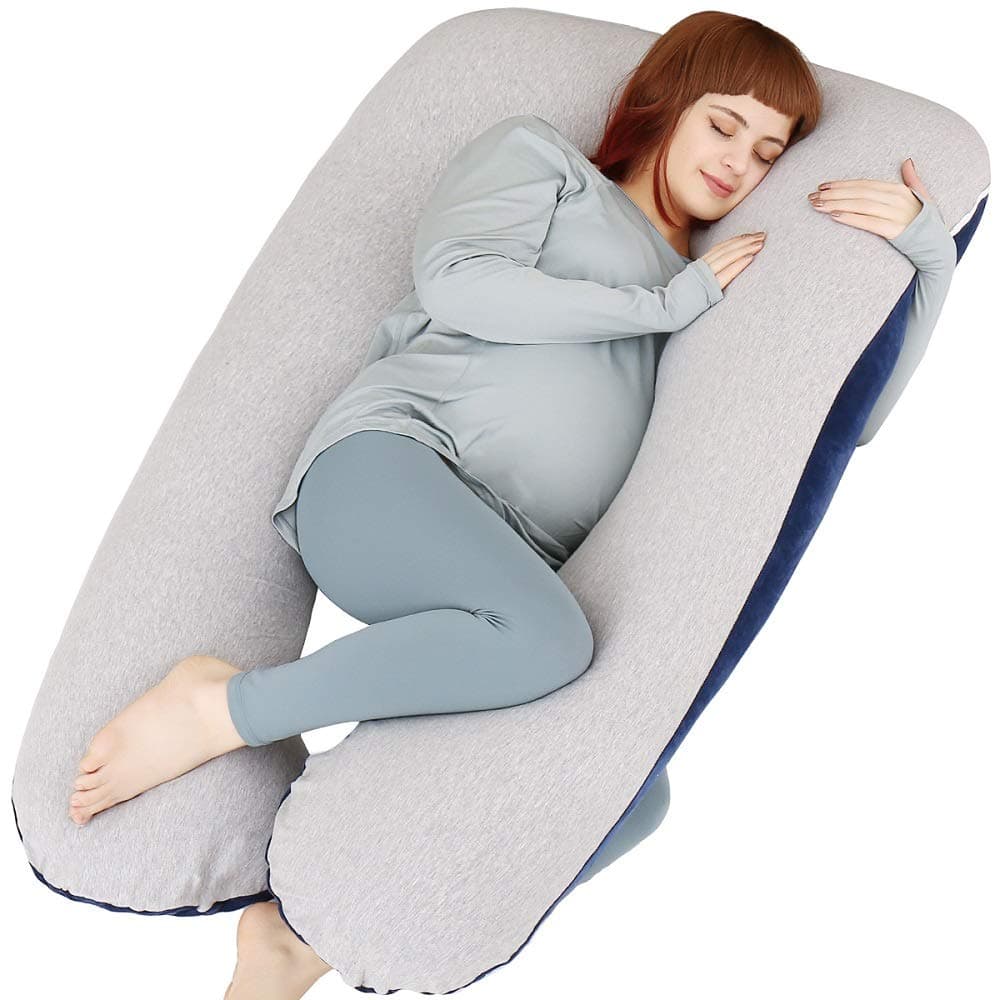 Pregnancy Pillow, U Shape Full Body Pillow for Maternity Support, Sleeping Pillow for Pregnant Women (Blue&Grey-Velvet&Jersey)