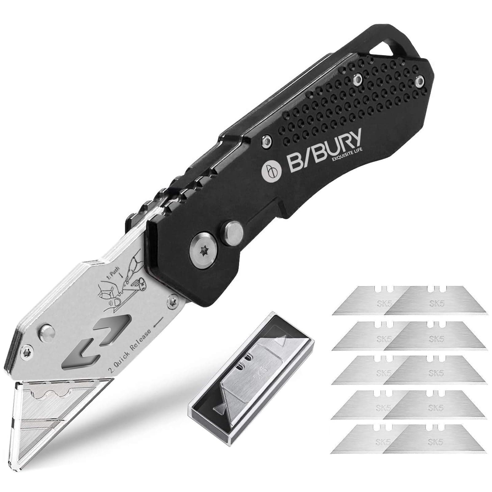 Utility Knife, Upgraded Version Heavy Duty Box Cutter, Pocket Carpet knife with 10 Replaceable SK5 Stainless Steel Blades, Belt Clip, Easy Release Button, Quick Change and Safety Lock-Black