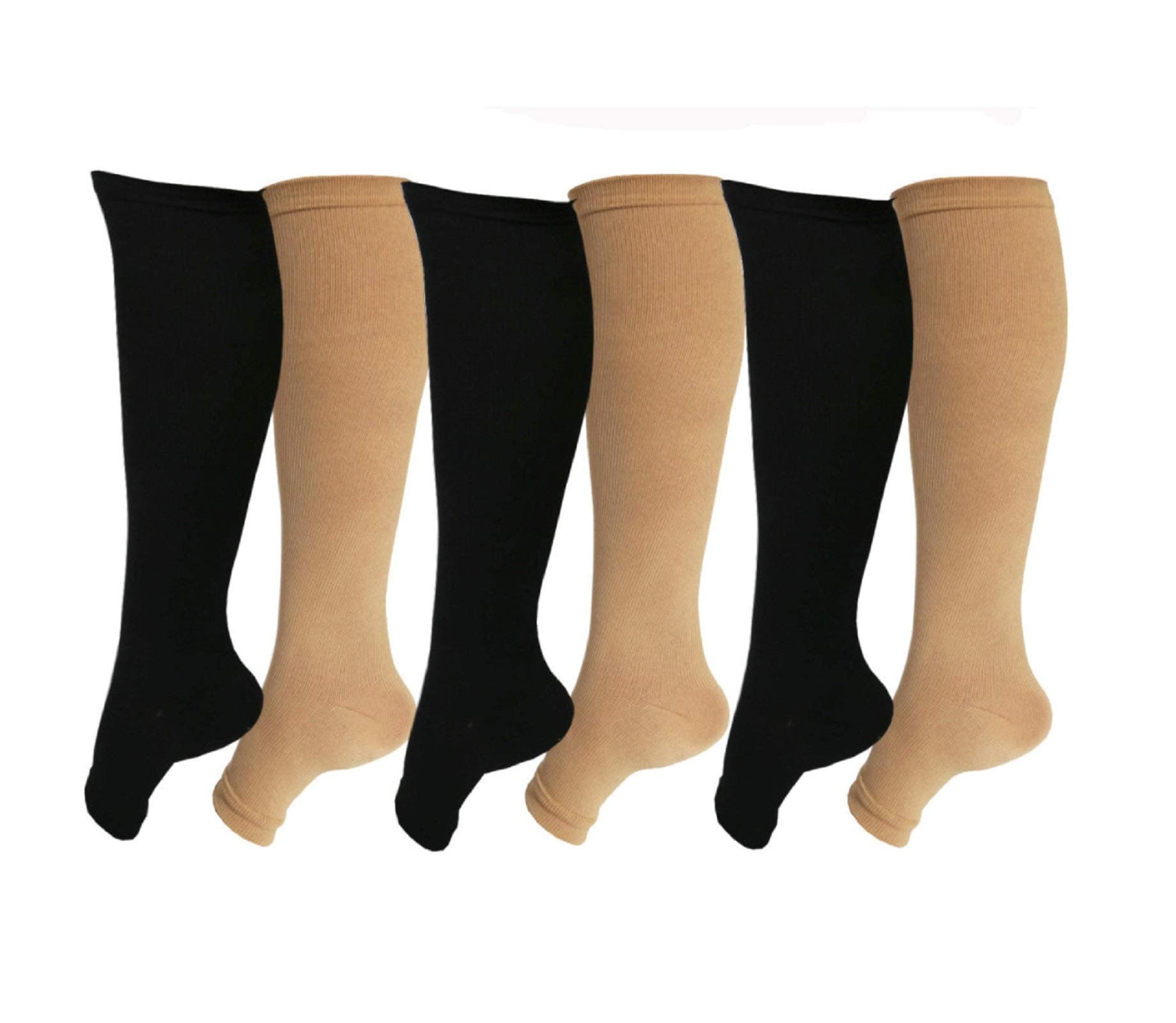 Open Toe Toeless Compression Socks 6 Pairs for Women Men 15-20 mmHg Calf Support Compression Sleeve (L/XL, Black&Nude)