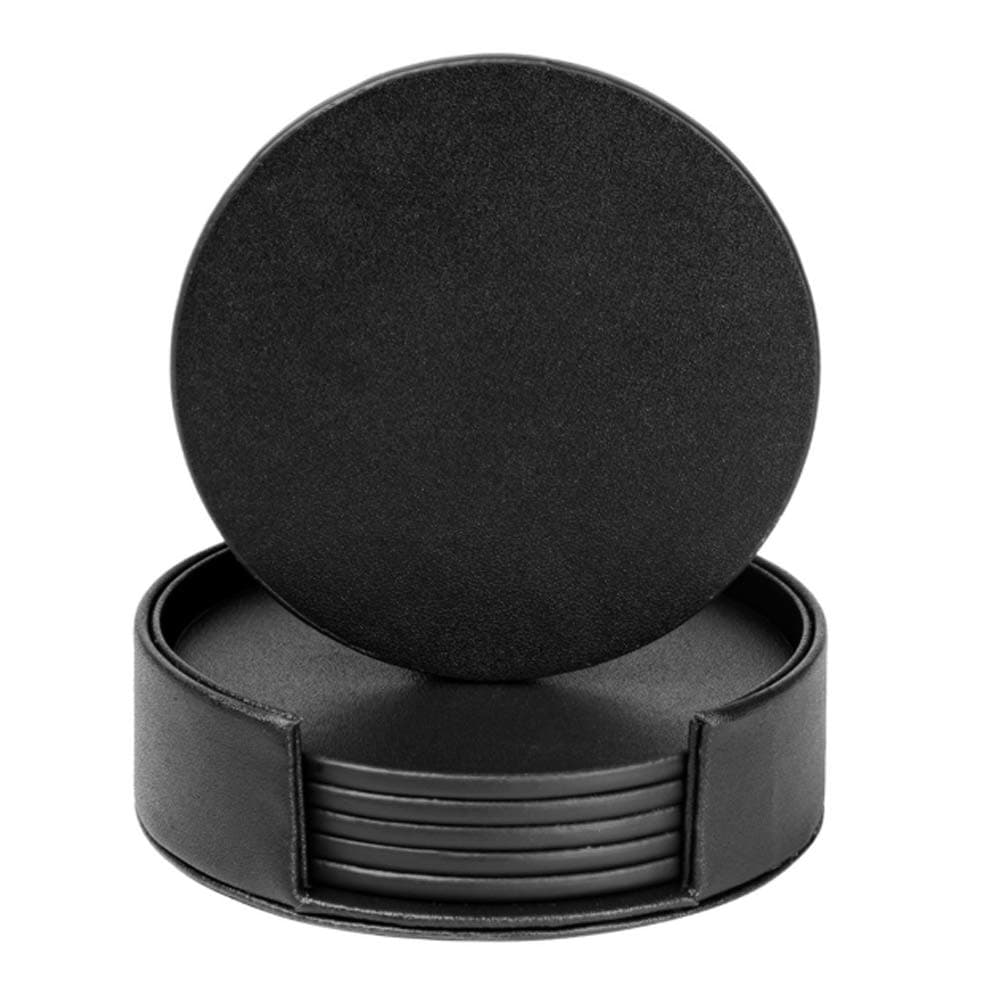 Drink Coasters Set of 6 Leather Coasters Spill Protection for Table Desk,Durable and Non Slip Leather Coaster Perfect for Common Size Glass Coffee Cup & Mug,4 Inches(Round Black Coasters)