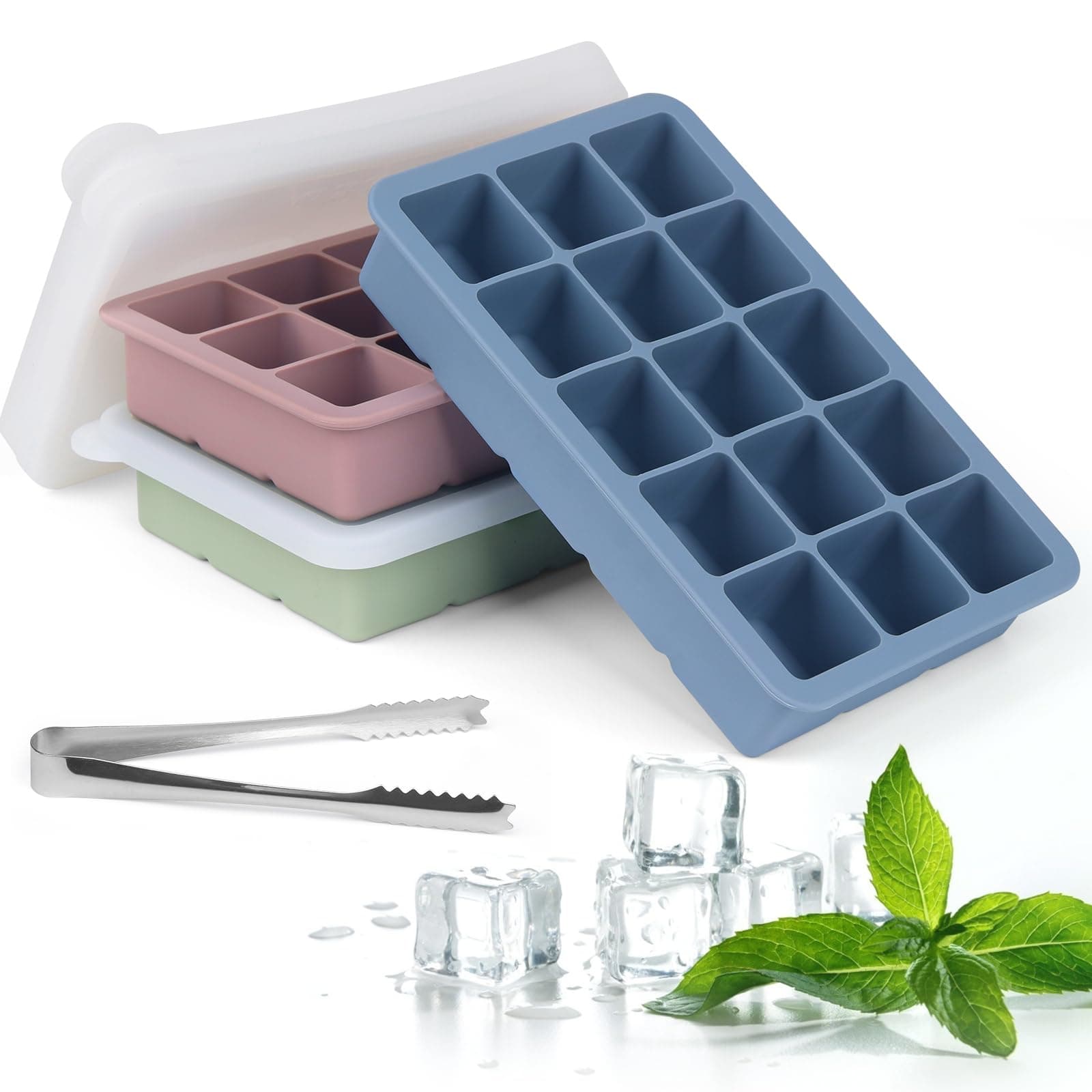 Ice Cube Tray with Lid and Tong, 3 Packs 45 Cubes, Silicone Ice Cube Trays Reusable and BPA Free for Whiskey, Cocktail, Drinks&Baby Food, Freezer, Souper(Pink+Blue+Green)