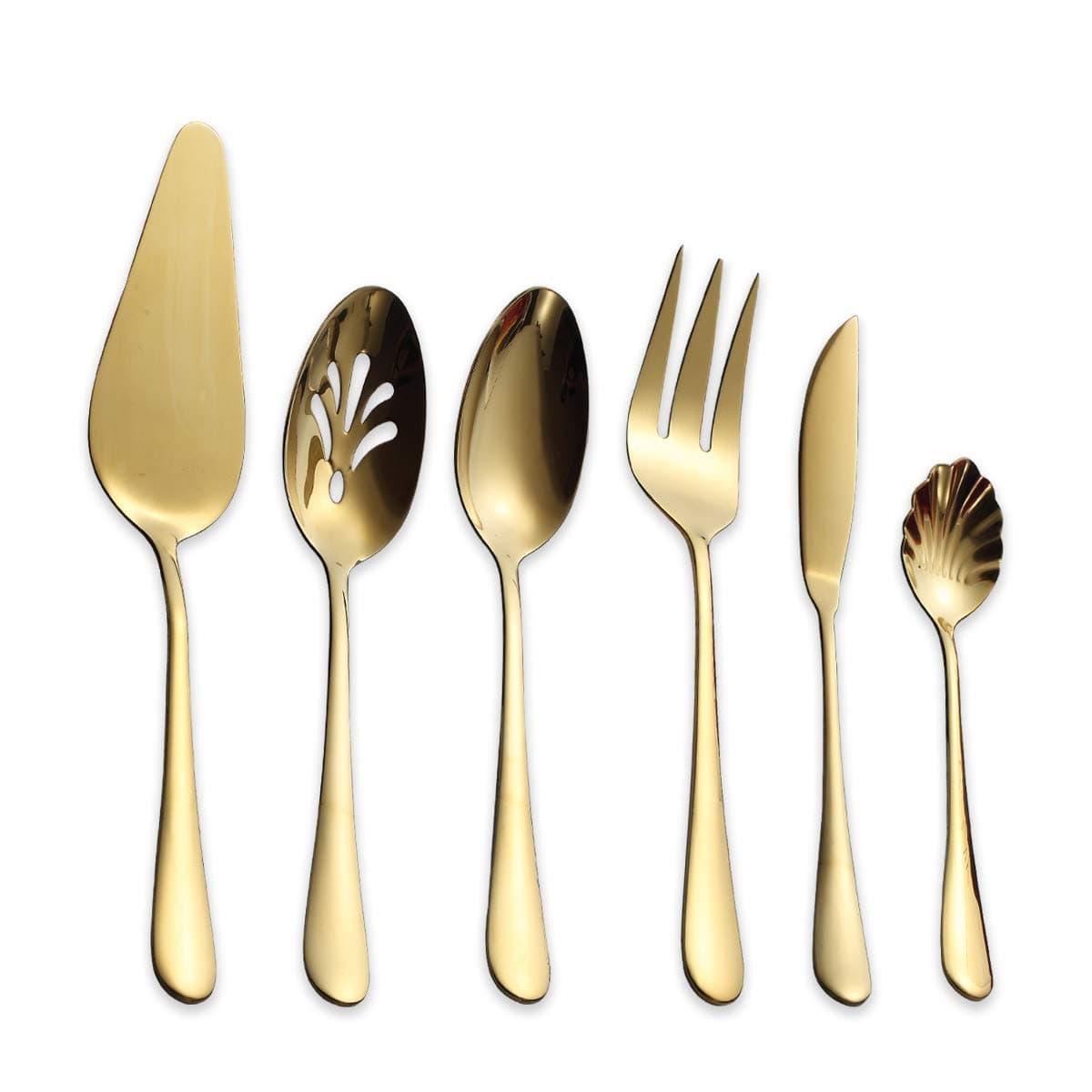 Berglander Stainless Steel Golden Titanium Plated Flatware Serving Set 6 Pieces, 5 Serving Pieces of 45 Pieces Flatware With 1 Cake Server, Serving Silverware Set (Shiny Golden)