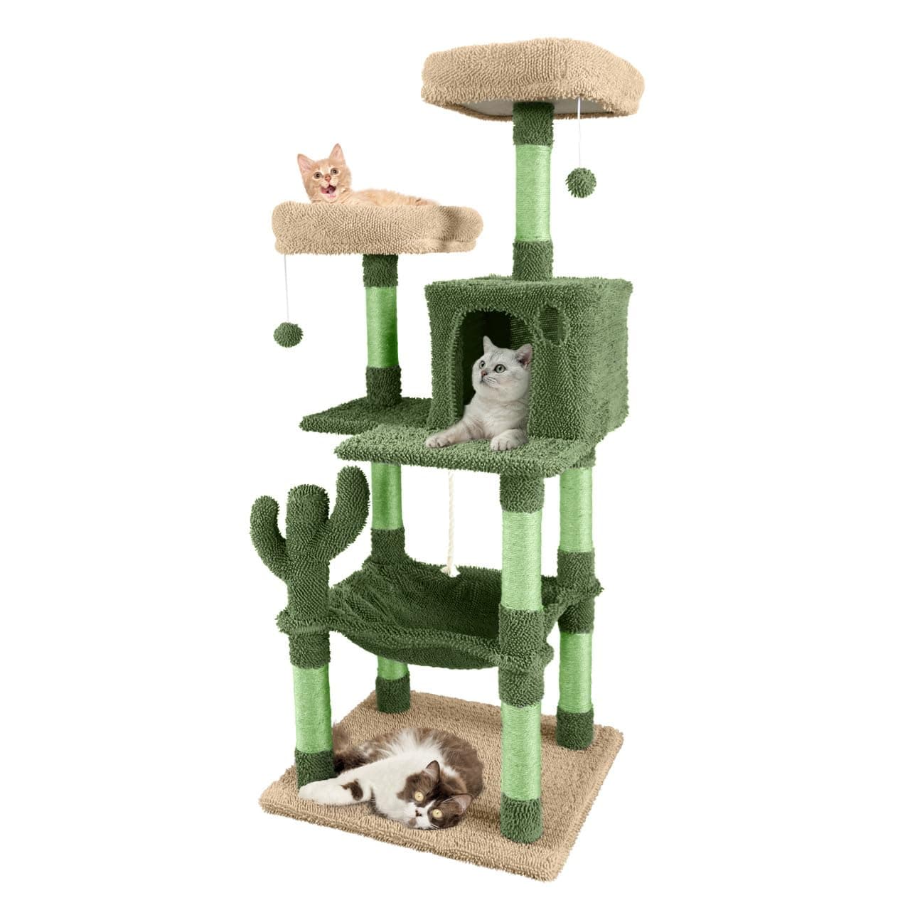 CAPHAUS Cactus Cat Tree for Indoor Cats, Cute 58-Inch Cat Climbing Play Tower with Top Perch for Large Cats Kittens, Multi-Level Cat Activity Tree with Scratching Posts, Hammock, Cat Cave Condo