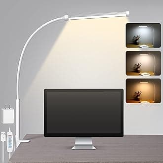 VoncerusLED Desk lamp with Clamp, Eye-Caring Clip on Lights for Home Office, 3 Modes 10 Brightness, Long Flexible Gooseneck,Metal, Swing Arm Architect Task Table Lamps with USB Adapter, White
