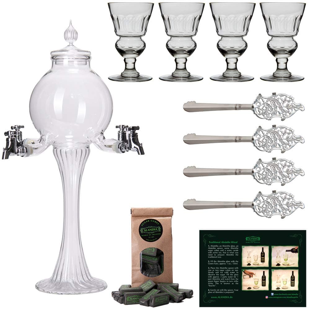 ALANDIA Absinthe Kit - Bubble Style, Glass Material, 10 Piece Set, Includes Fountain, 4 Glasses, 4 Spoons, Sugar Cubes, 33.8 oz Capacity