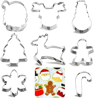 Christmas Cookie Cutters Set 8Pcs, Stainless Steel Fondant Cutter Sturdy Metal Biscuit Doubt Cutter, Cute Shapes Santa Claus Christmas Cane Tree Elk Snowflakes Snowman