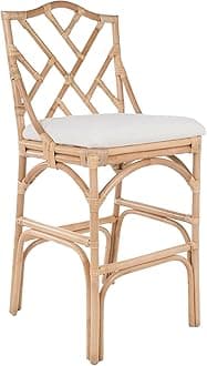 Chippendale Rattan Bar Stool, Bar Seating, Wood Bar Stool, Back Support Stool, Bar Seating Tall, Home Back Dining Chair, Off White, Natural